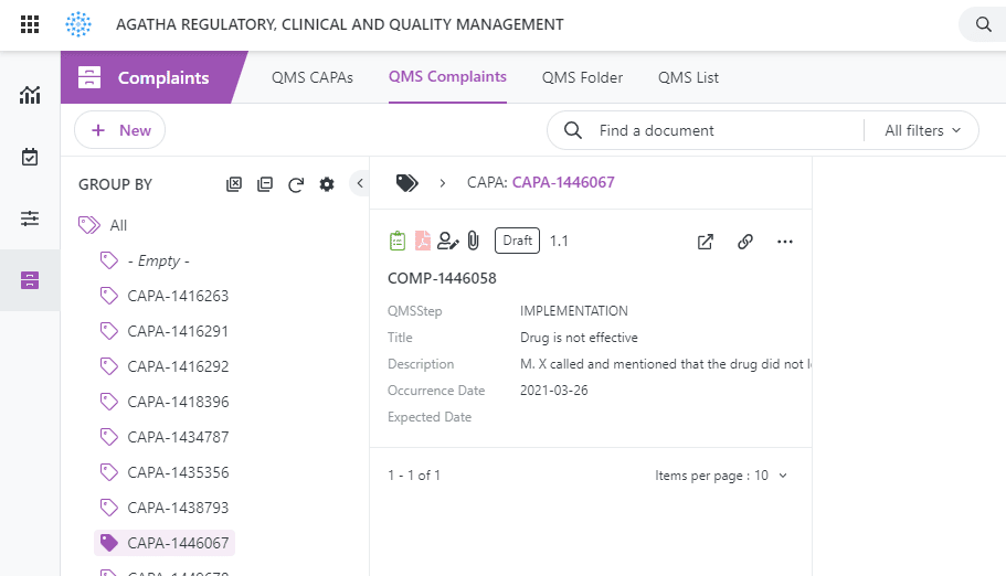 QMS Complaint CAPA list