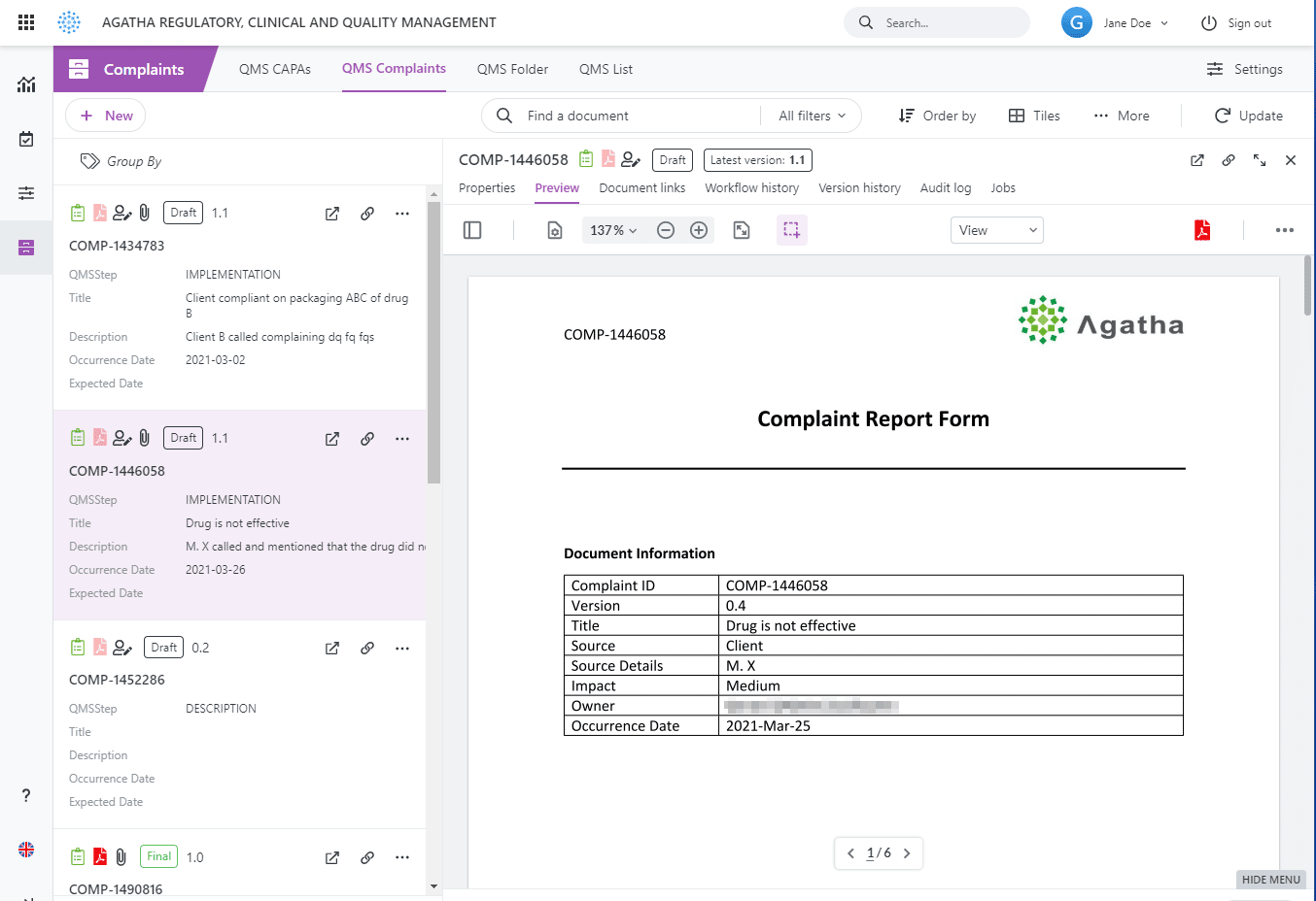 QMS Complaint - Preview of a complaint converted to PDF based on word template