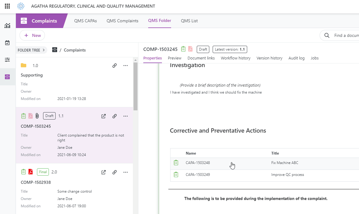 QMS Complaint with associated CAPAs